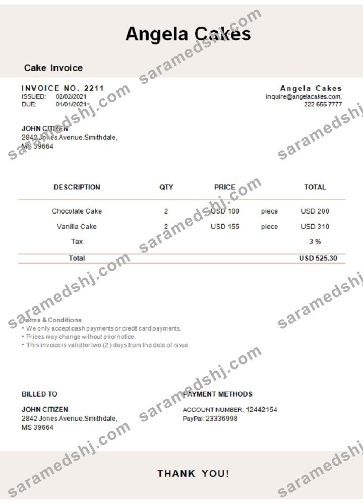 USA Angela Cakes invoice